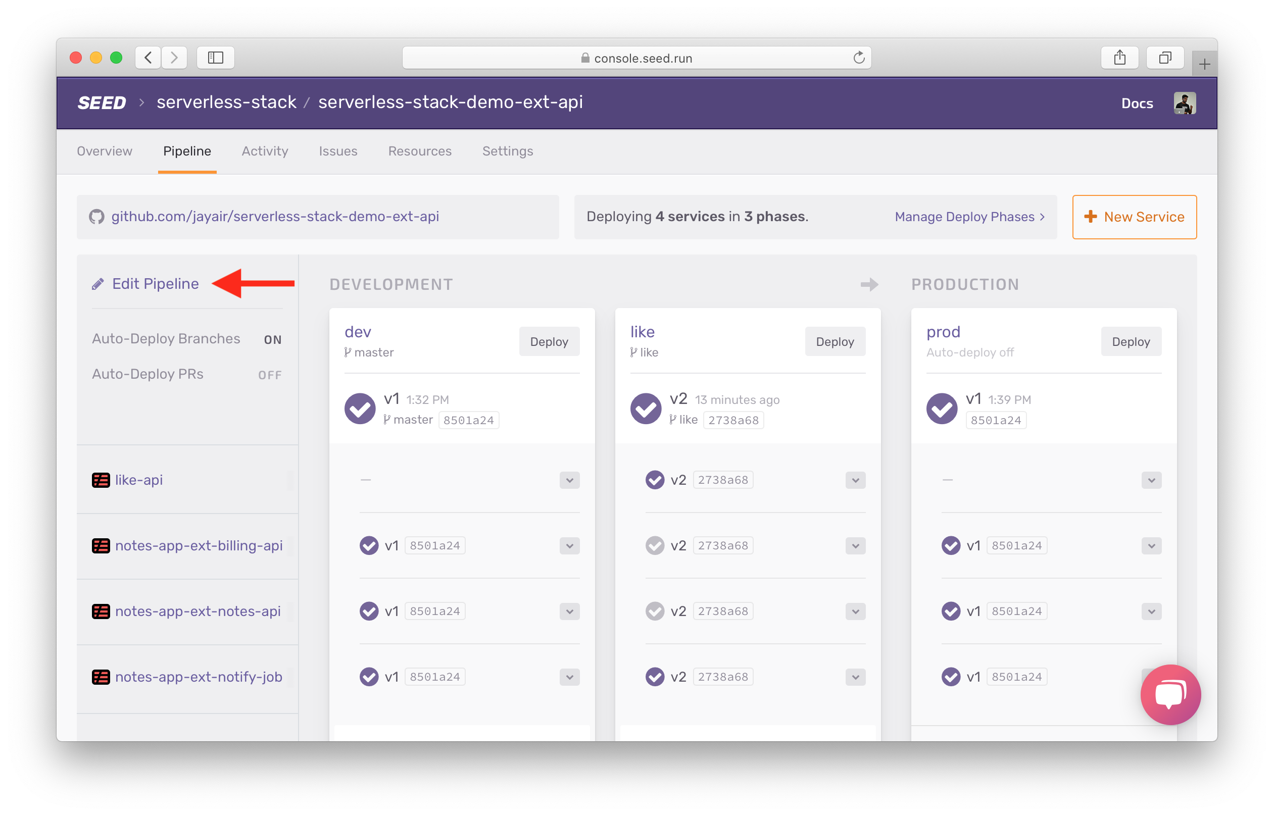 Select edit pipeline in Seed