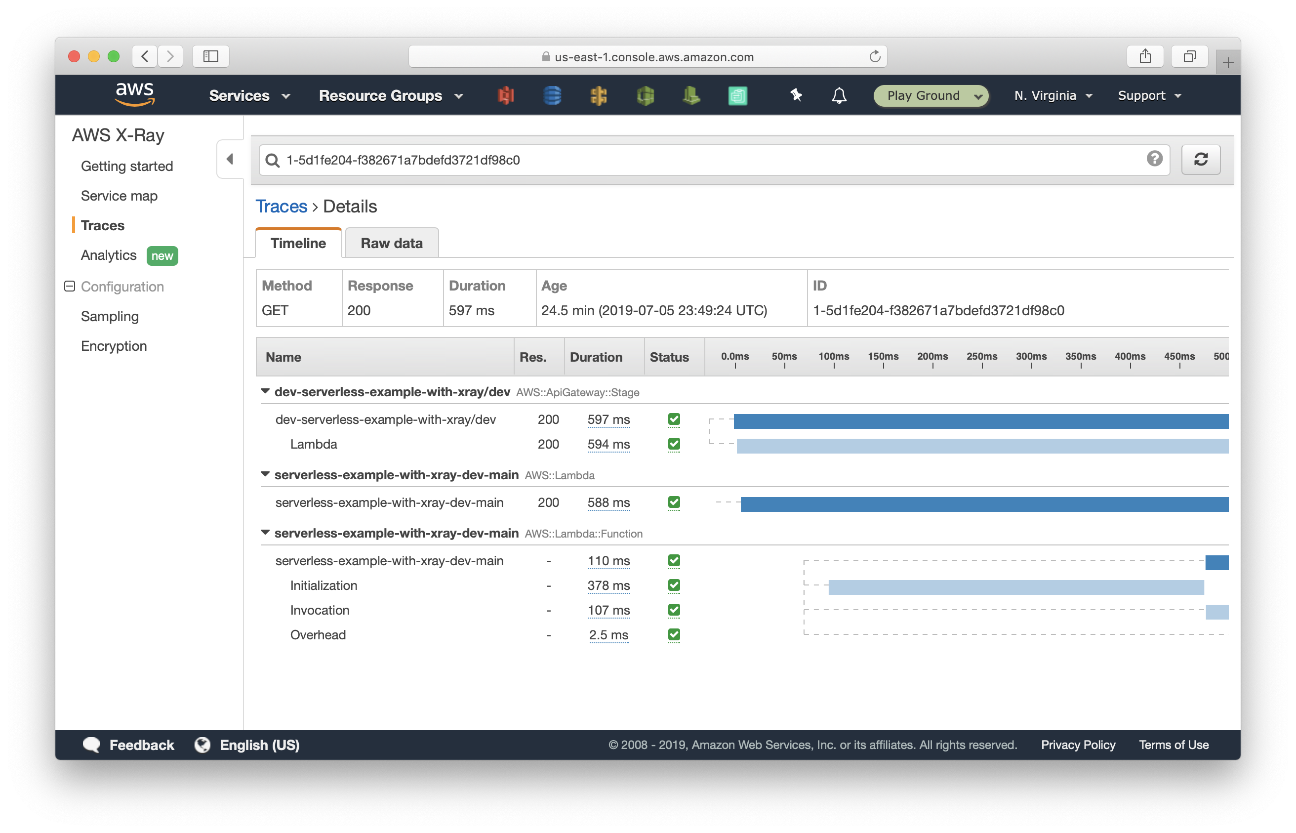 Select a trace in AWS X-Ray console