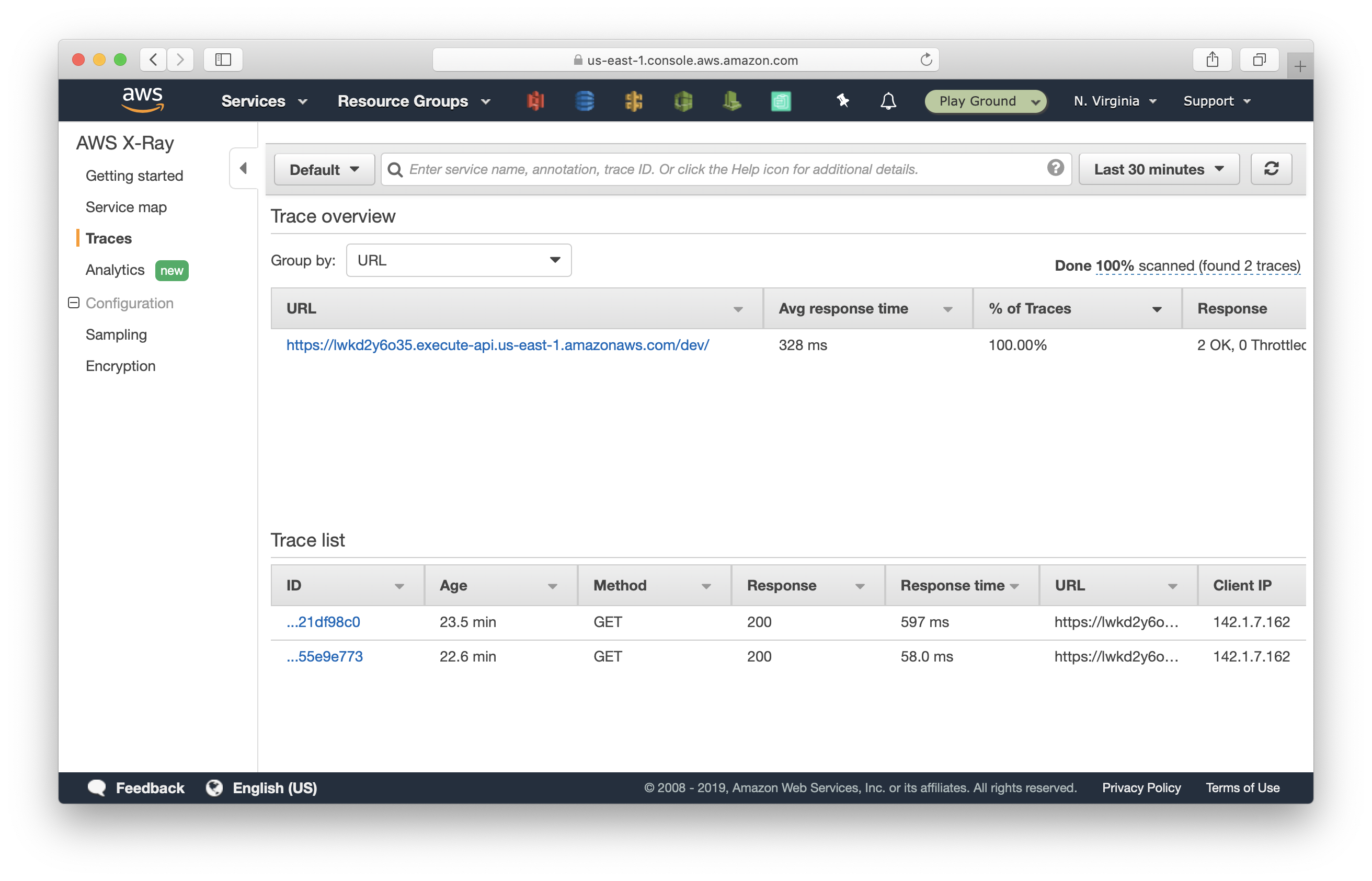 Select Traces from AWS X-Ray console