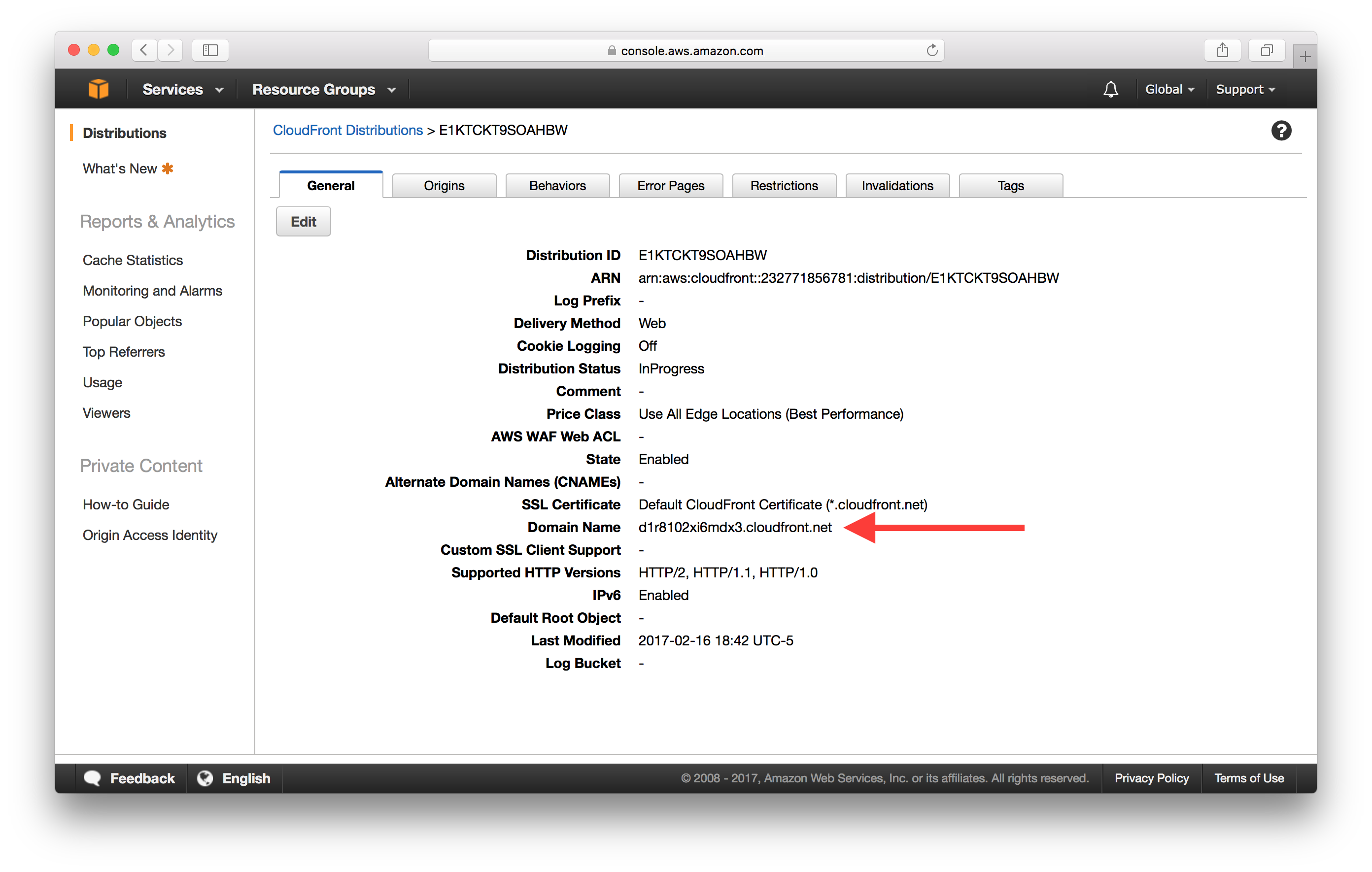 AWS CloudFront Distribution 도메인 이름 화면