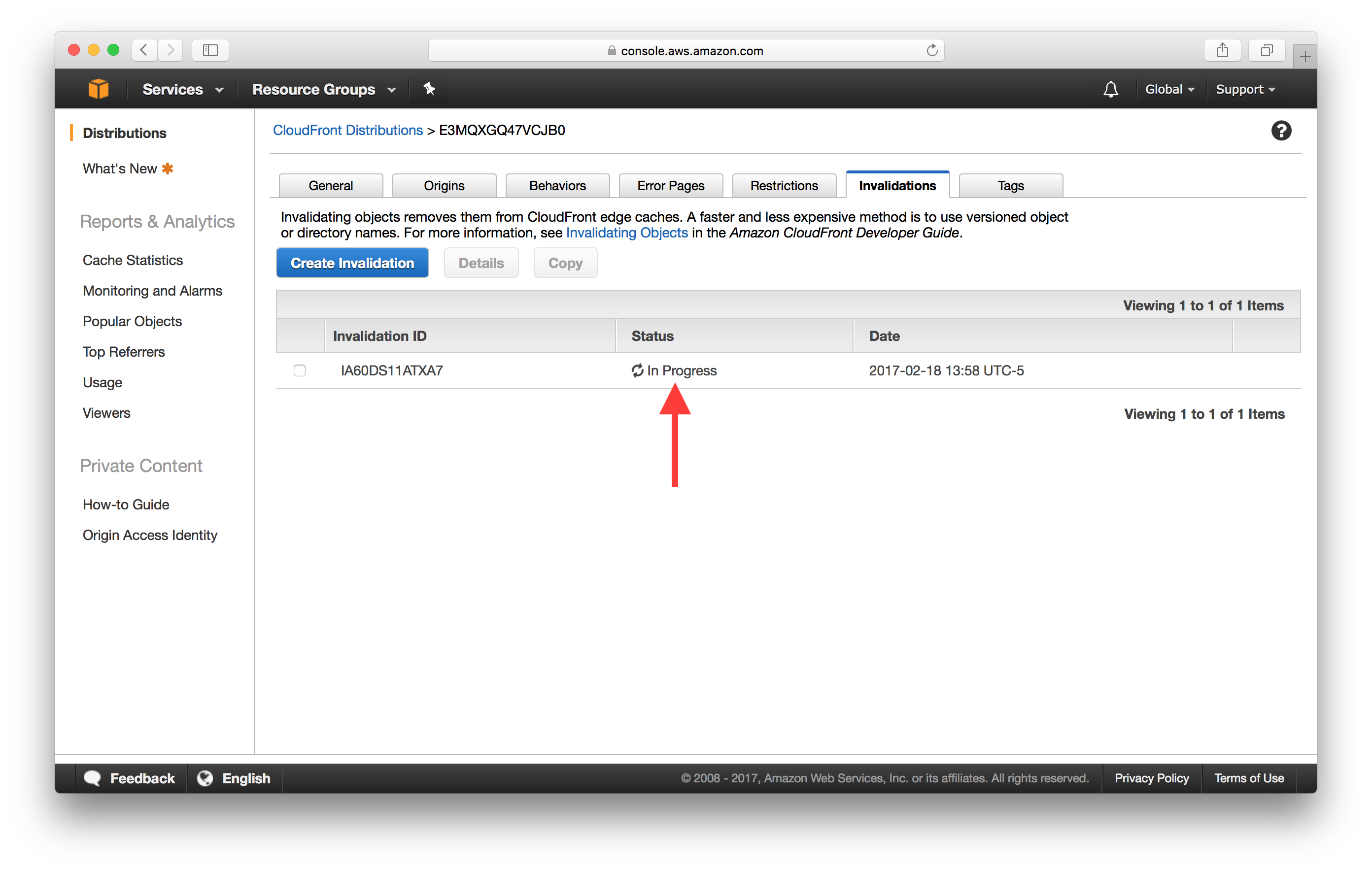 CloudFront Invalidation in progress screenshot