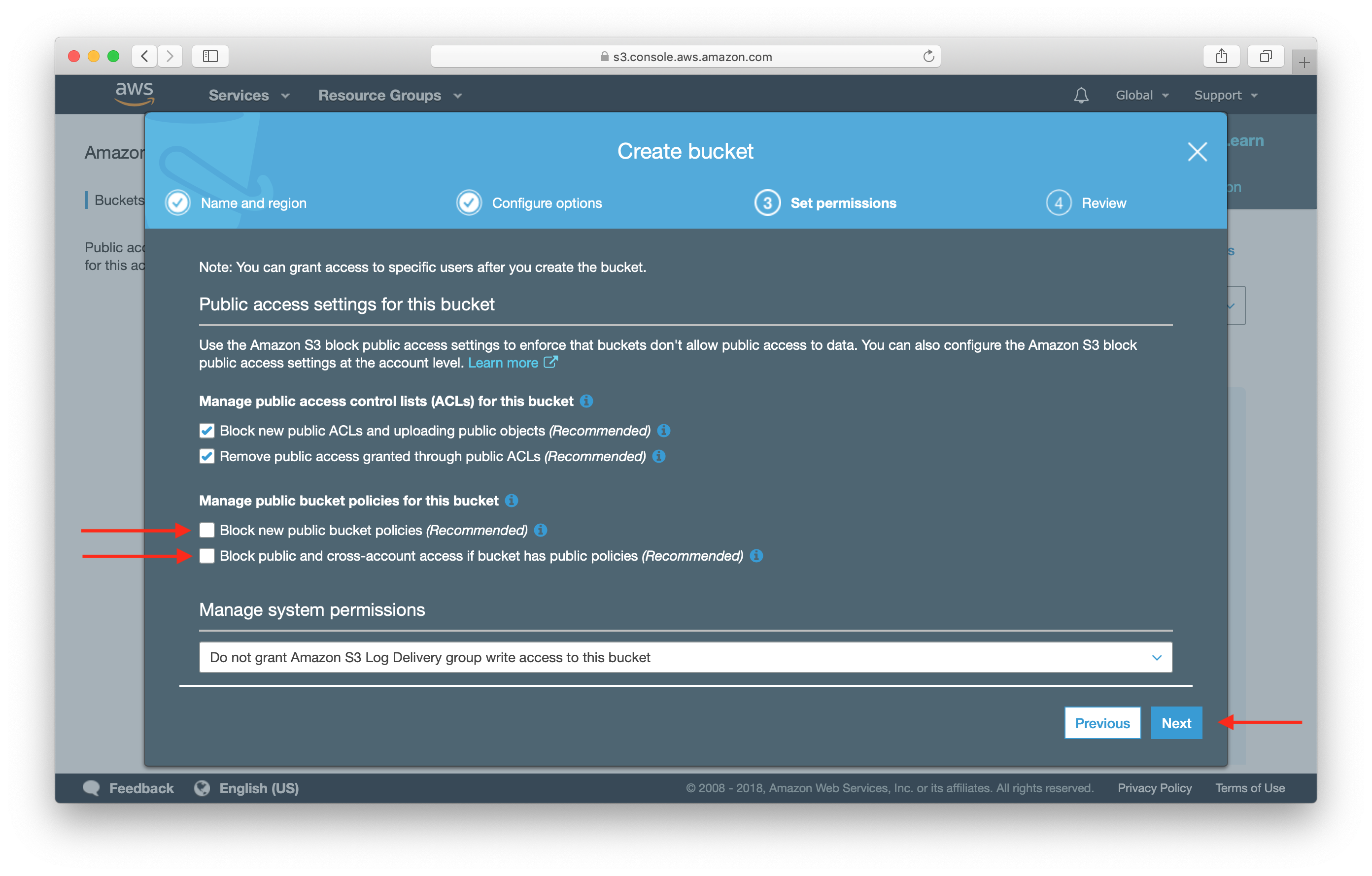 Create S3 static website Bucket next permissions screenshot