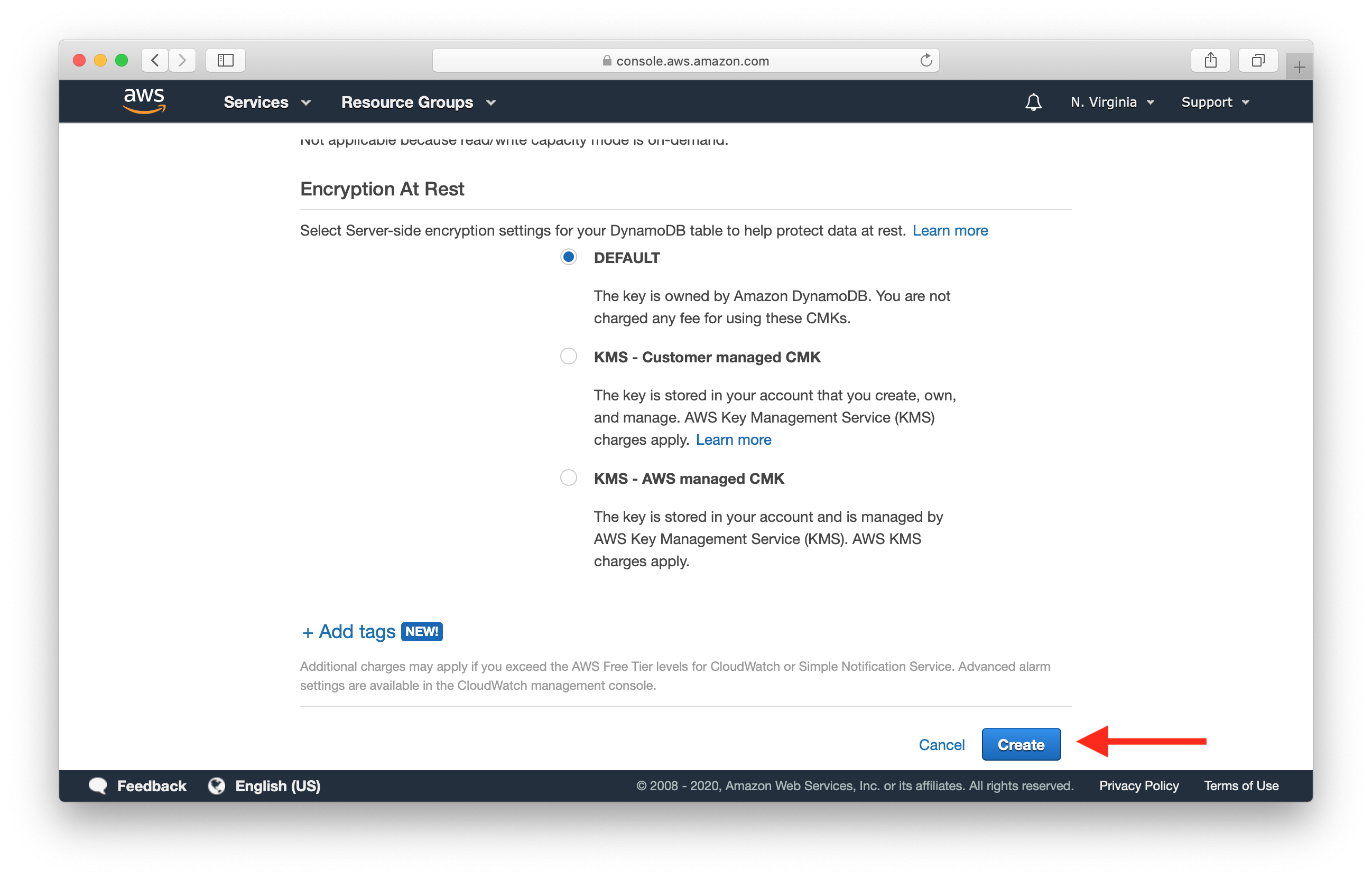 DynamoDB Table 생성 screenshot