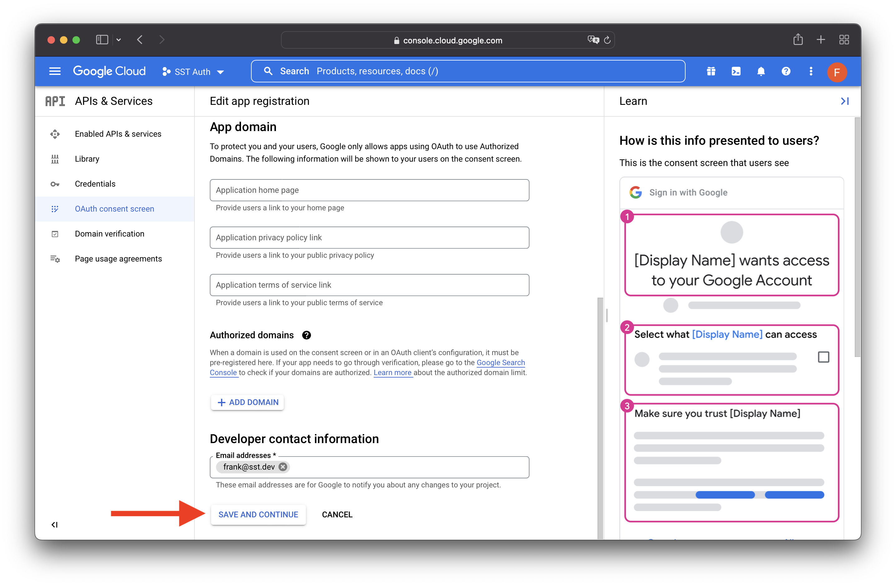 GCP Console Configure Consent Screen Form