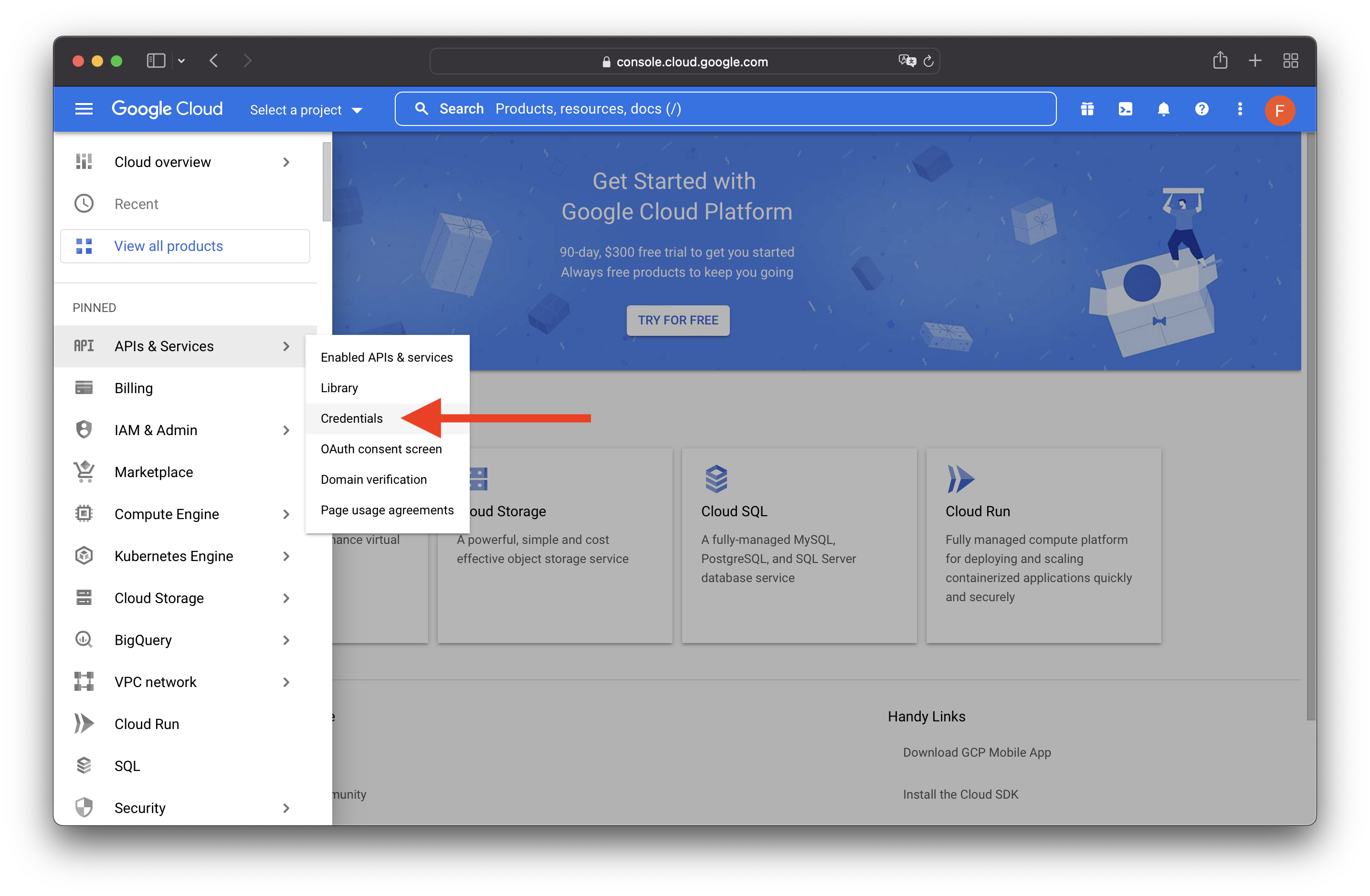 GCP Console Select Credentials