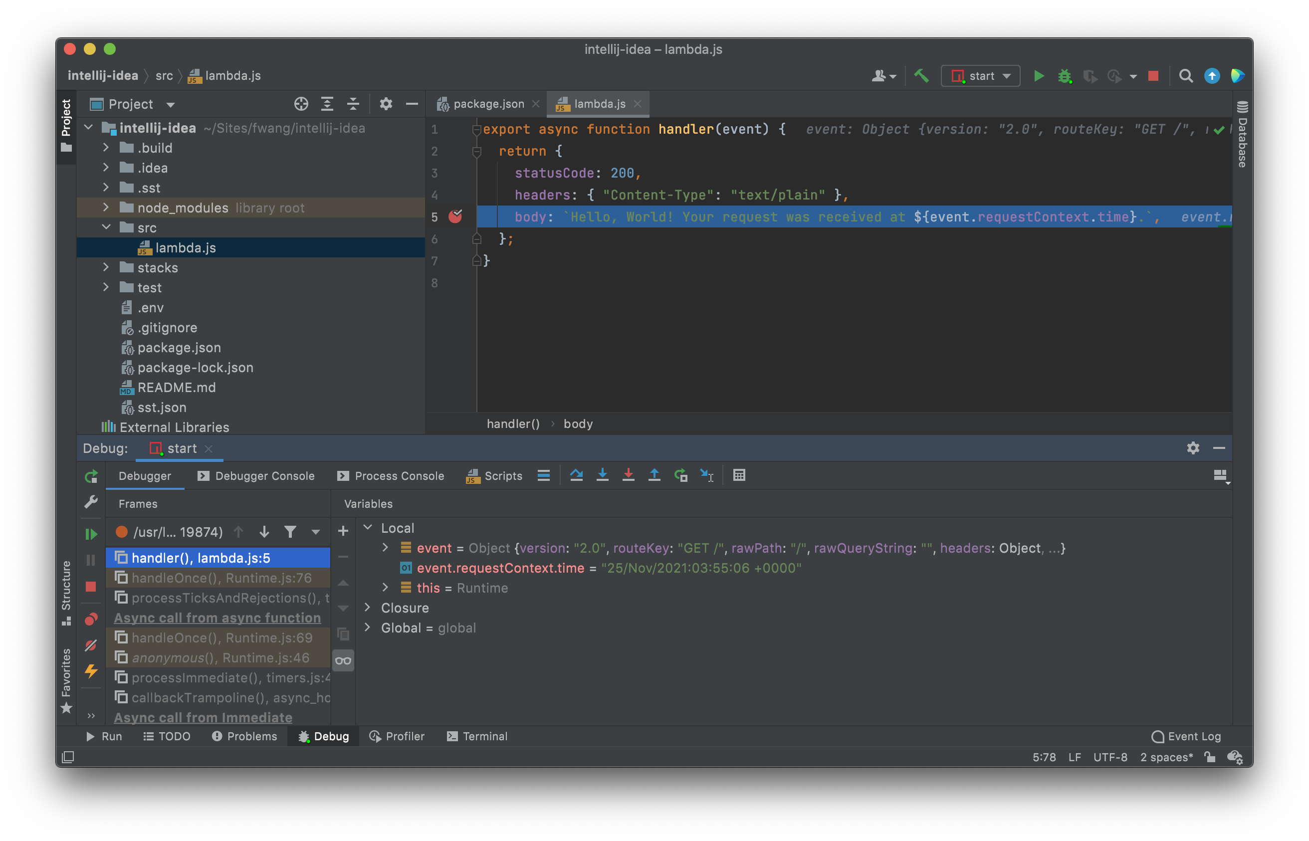 Hitting a breakpoint in a Lambda function in IntelliJ