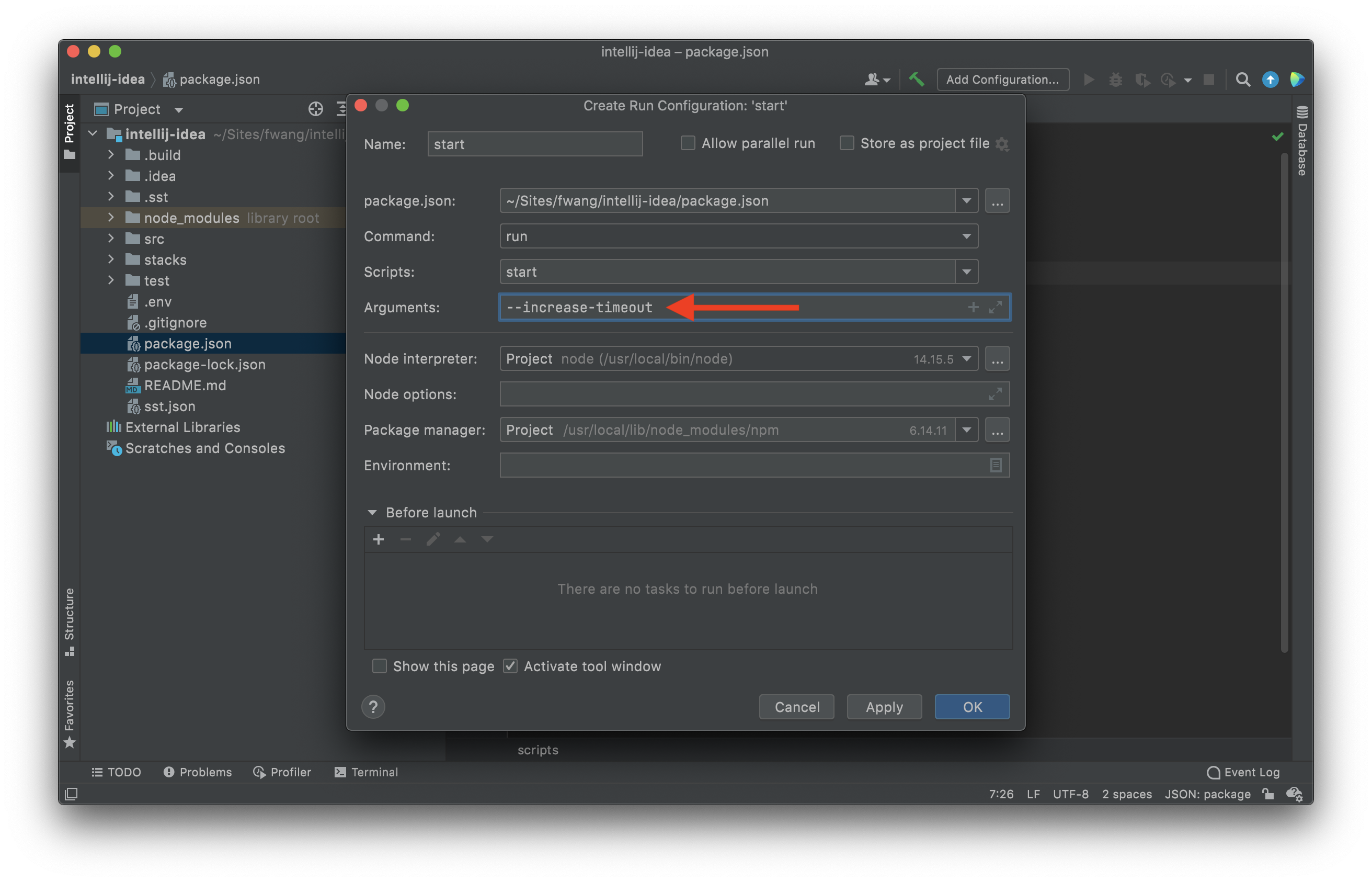 Set increase timeout in run configuration in IntelliJ