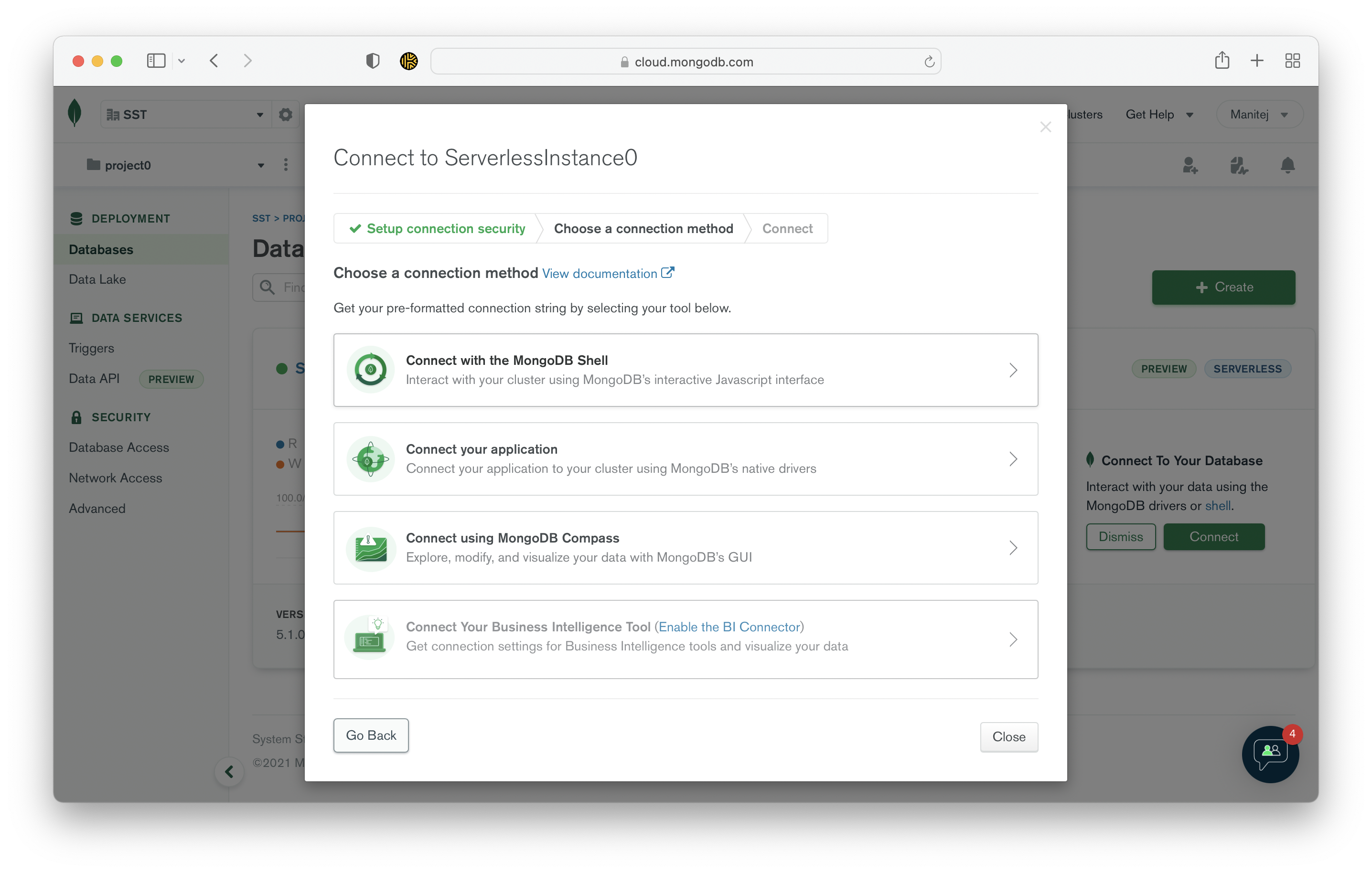 Choose a connection method to the database