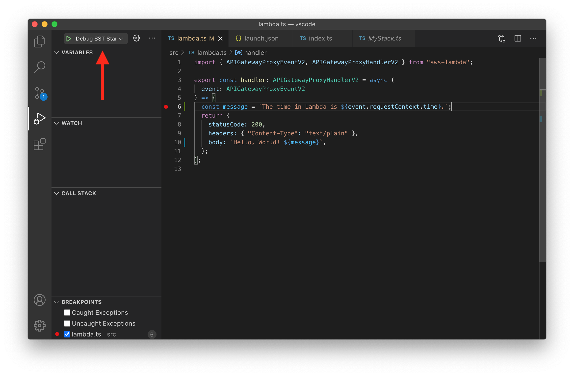 Set Lambda function breakpoint in VS Code