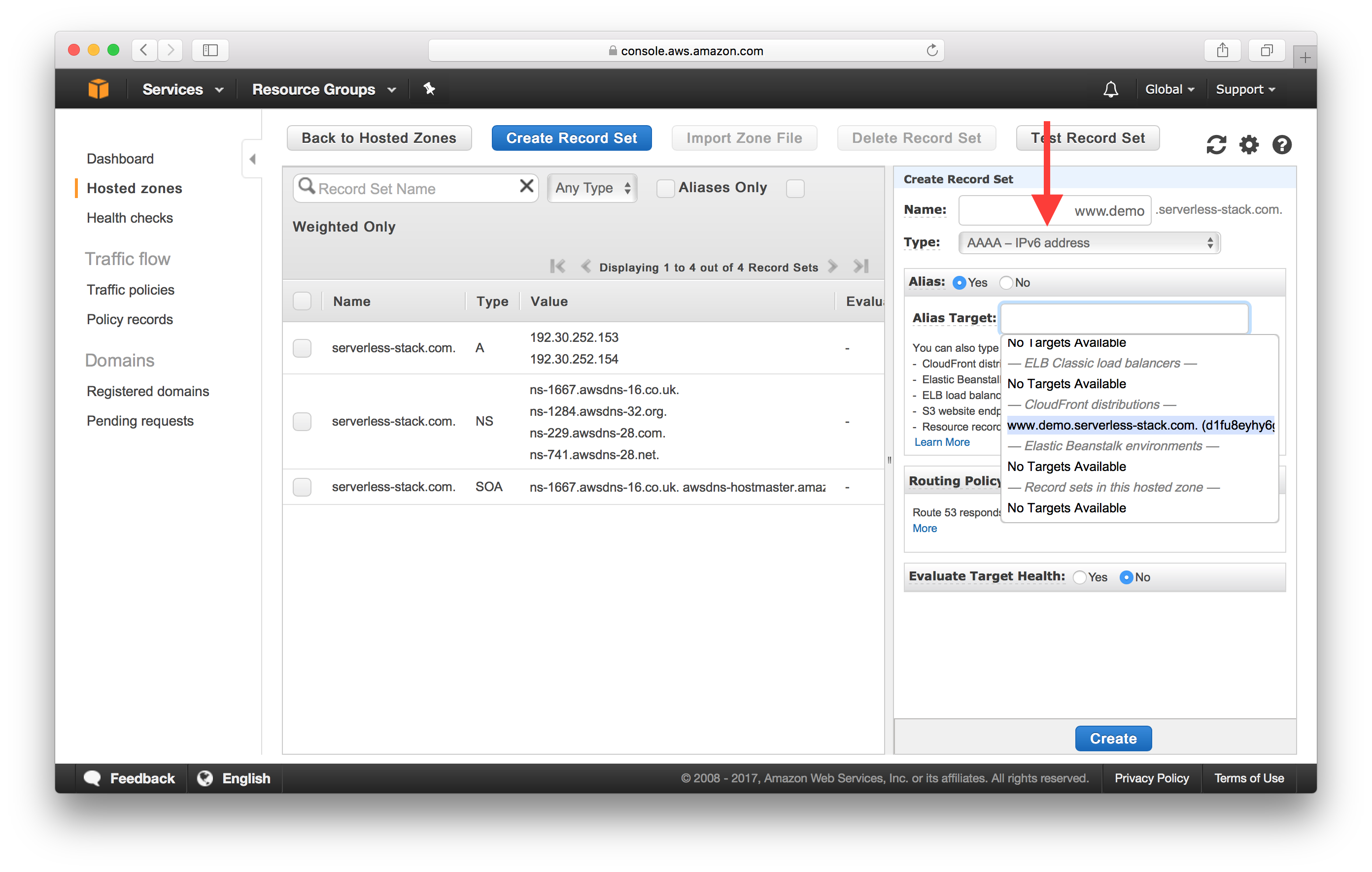 Fill in AAAA IPv6 record set details screenshot