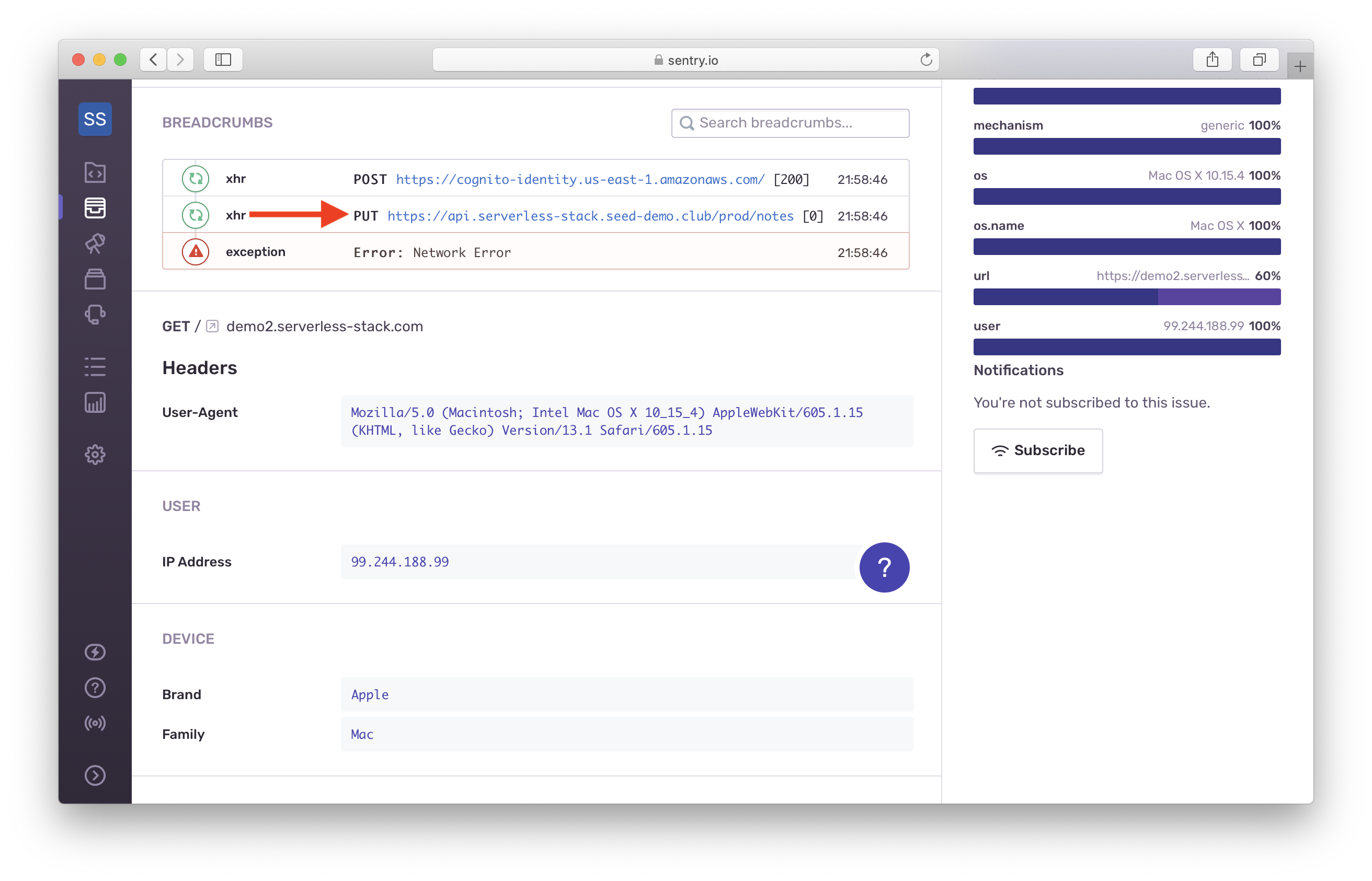 Invalid method error in Sentry