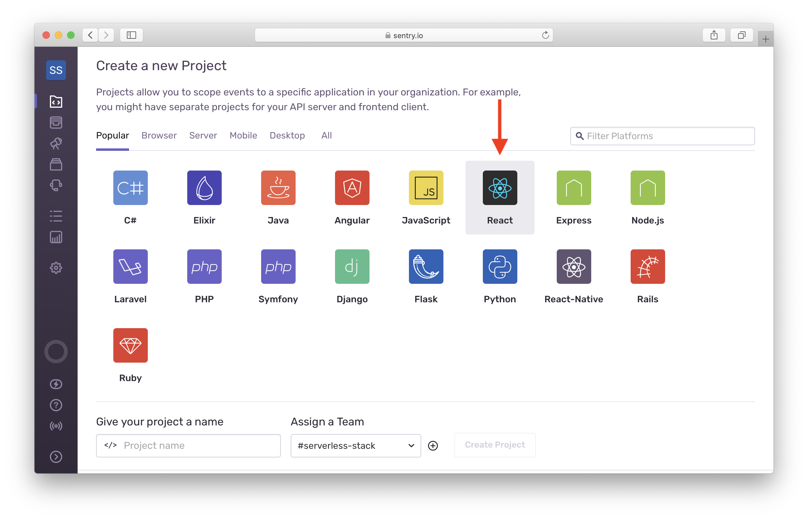 Sentry select React project