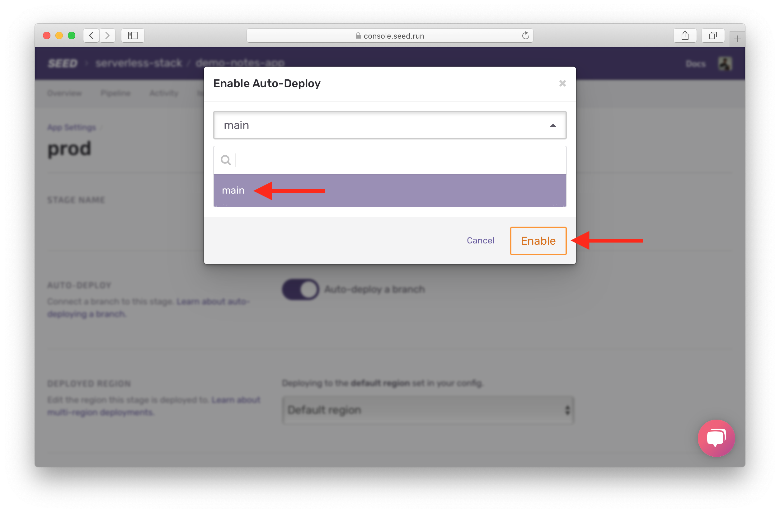 Select branch to auto-deploy to prod