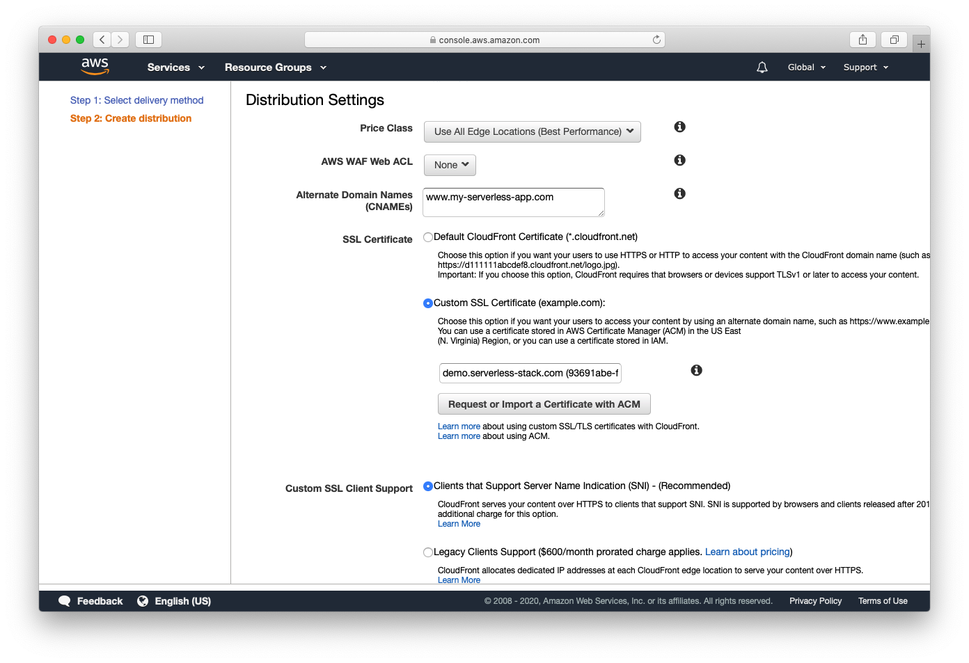 Select custom SSL certificate