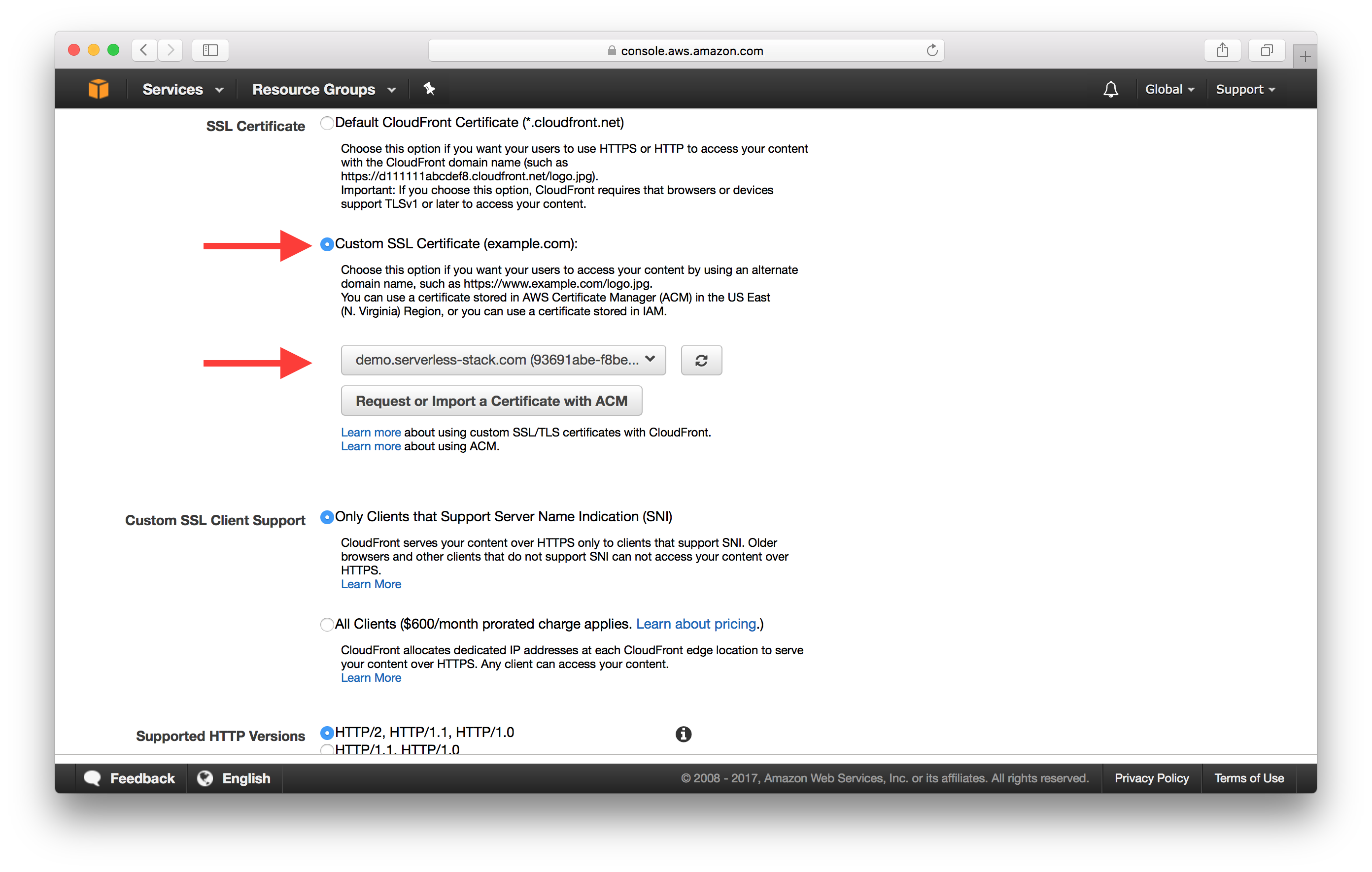 Select custom SSL Certificate screenshot